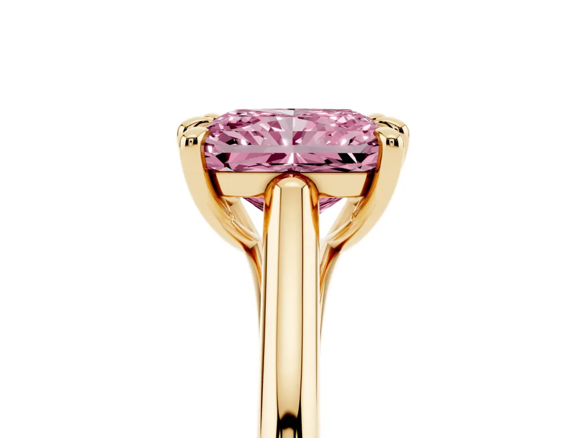 Fancy Pink Radiant Cut Solitaire Engagement Ring with Six-Prong Setting and Classic Band Yellow gold