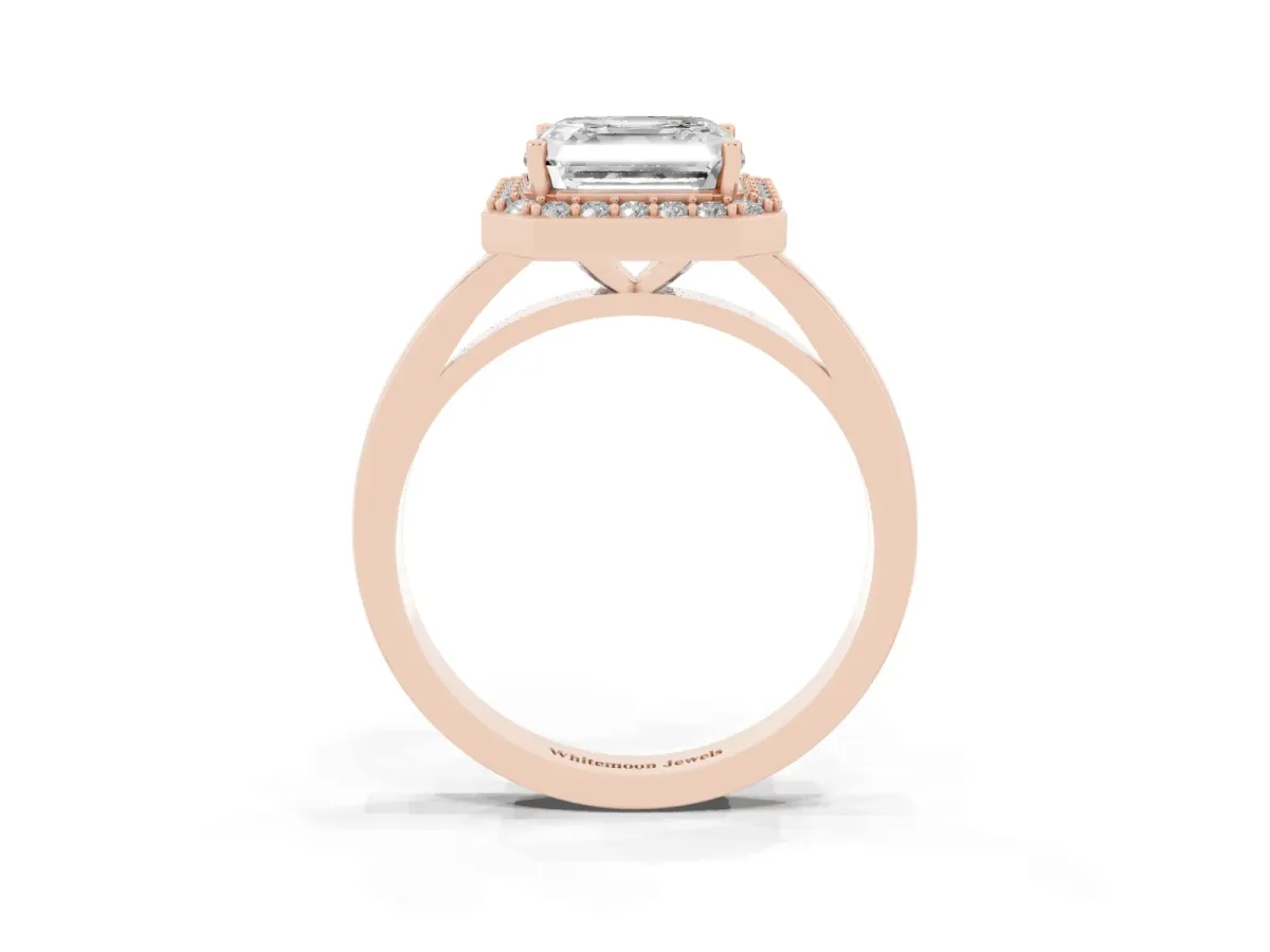 Asscher Cut Halo Diamond Ring with Solitaire Band and Prong Setting Rose gold