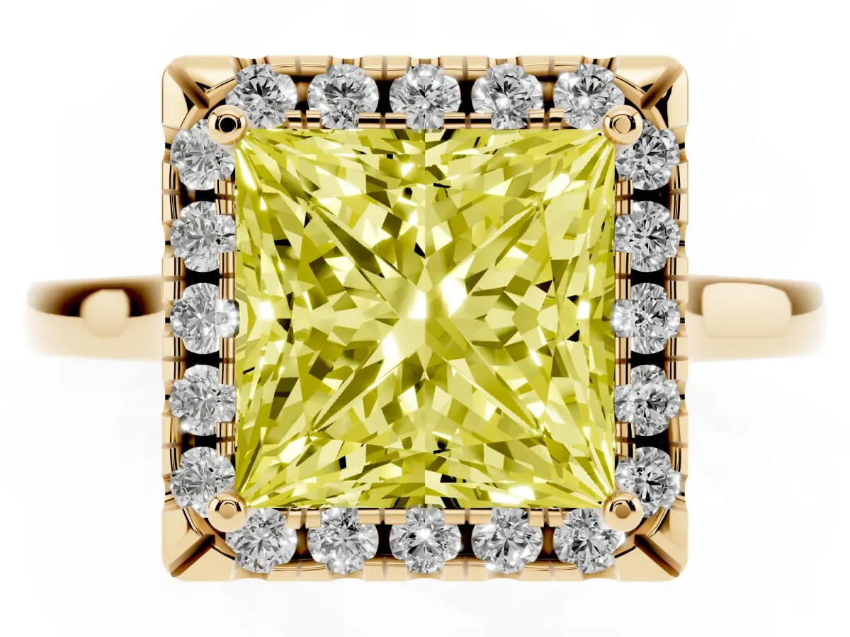 Fancy Yellow Princess Cut Halo Round Diamond Solitaire Ring with Pavé Band and Four-Prong Setting Yellow gold