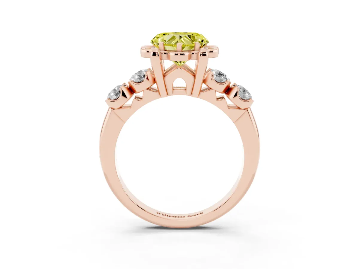 Fancy Yellow Heart Cut Cut Diamond Floral Halo Engagement Ring with Shared Prong Setting Rose gold
