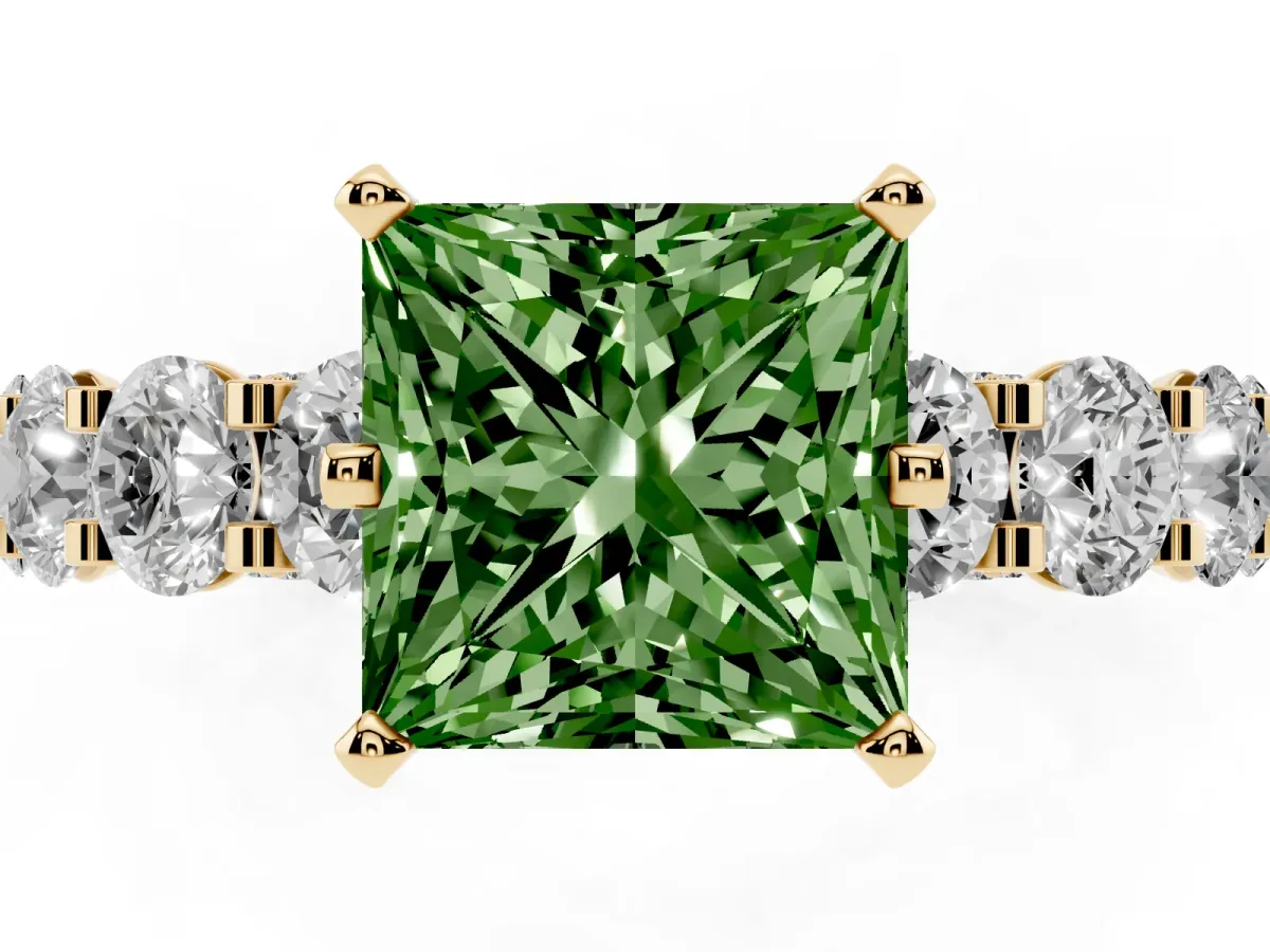 Fancy Green Princess Cut Diamond Side Stone Engagement Ring with Four-Prong Setting Yellow gold