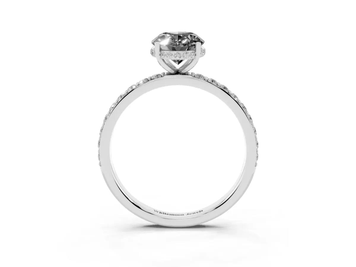 Fancy Black Oval Cut Diamond Solitaire Ring with Pavé Band and Hidden Halo Platinum