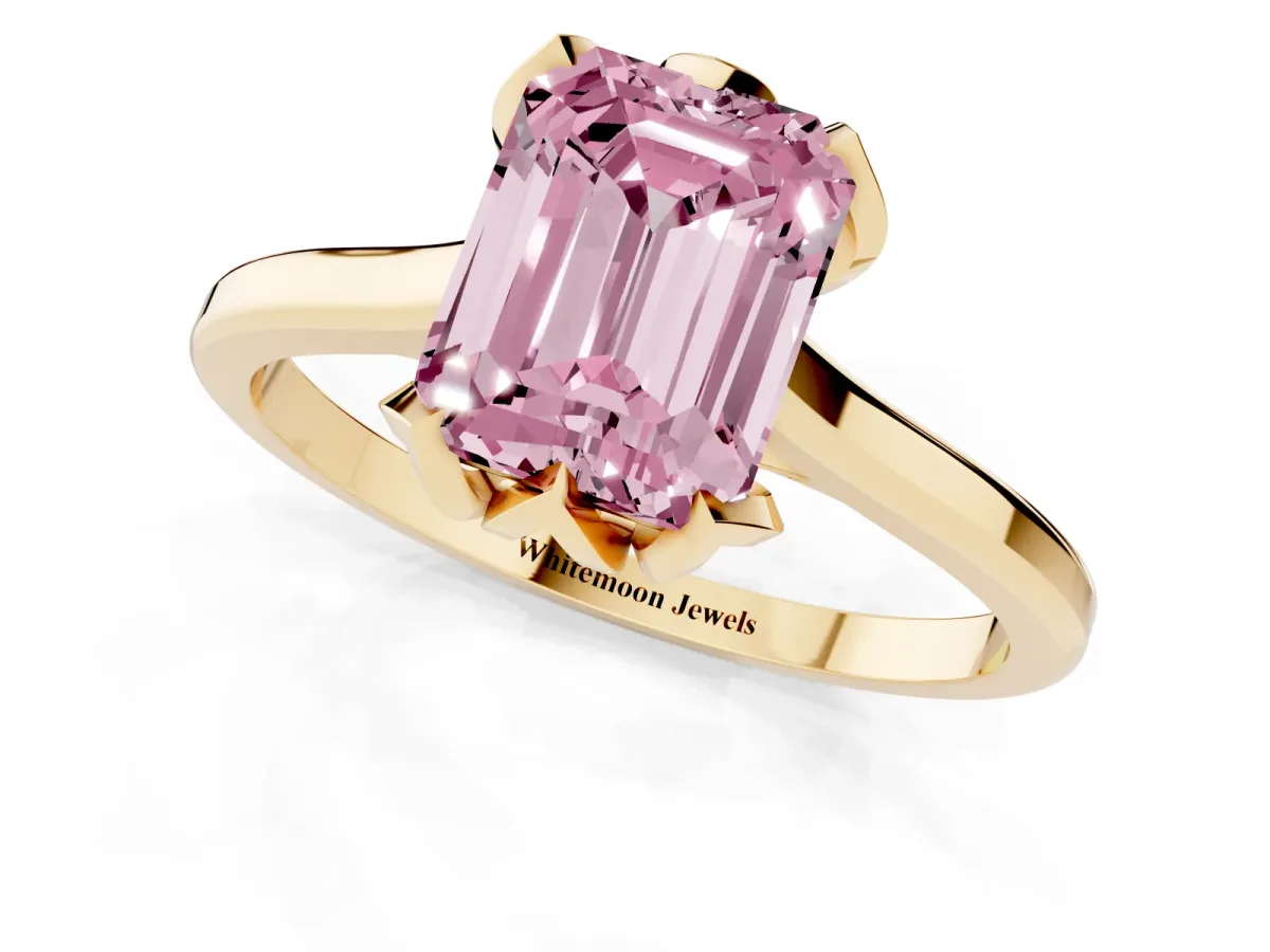 Fancy Pink Emerald Cut Diamond Solitaire Ring with Flower Prong Setting and Classic Band Yellow gold