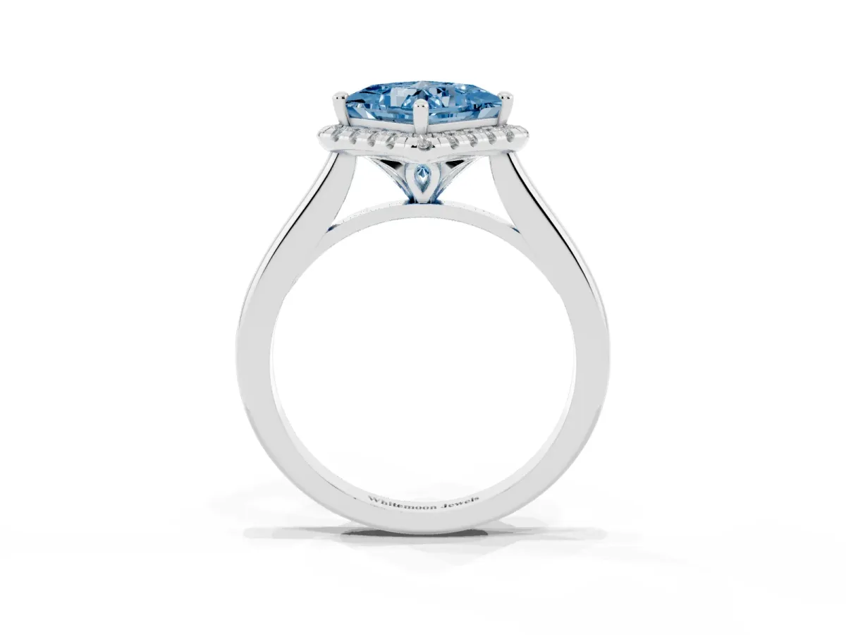 Fancy Blue Princess Cut Halo Round Diamond Solitaire Engagement Ring with Pave Band and Four-Prong Setting White gold