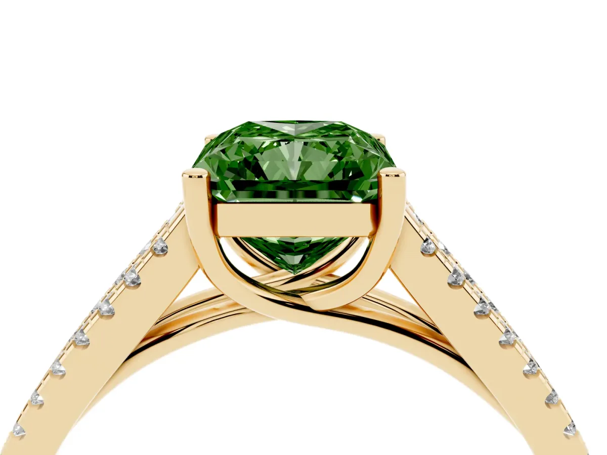 Fancy Green Radiant Cut Diamond Solitaire Engagement Ring with Split Shank Pavé Band Yellow gold
