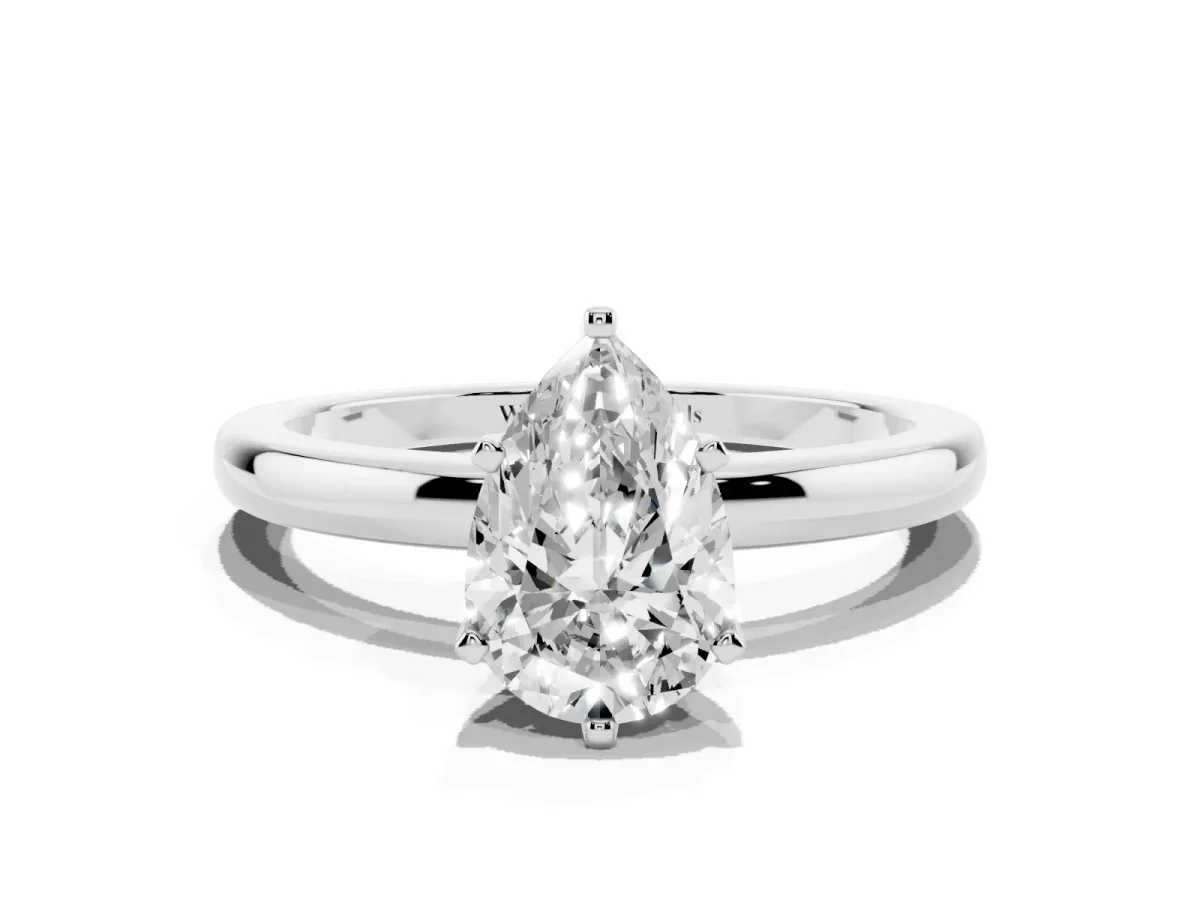 Pear Cut Solitaire Diamond Ring with Six-Prong Setting on a Classic Band Platinum