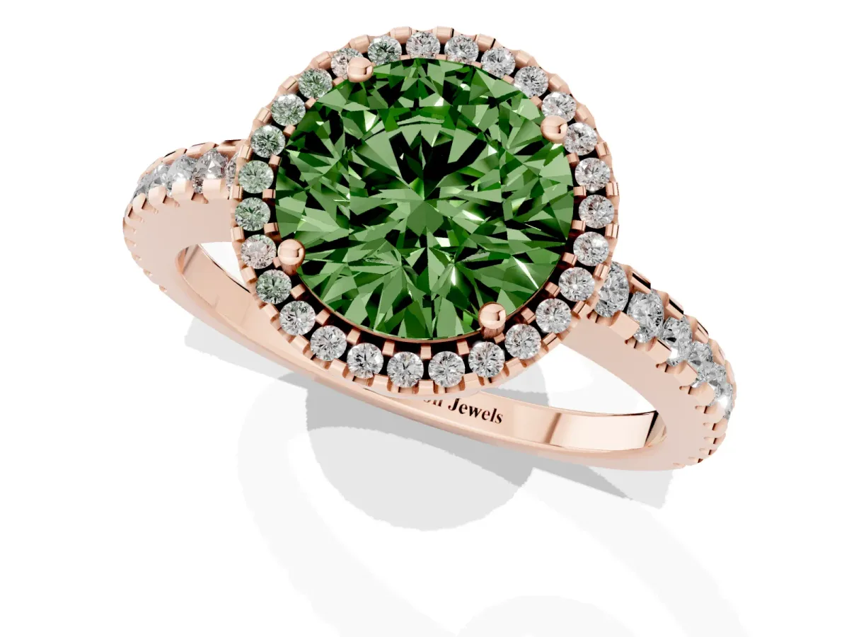 Fancy Green Round Cut Diamond Halo Engagement Ring with Pavé Band and Prong Setting Rose gold