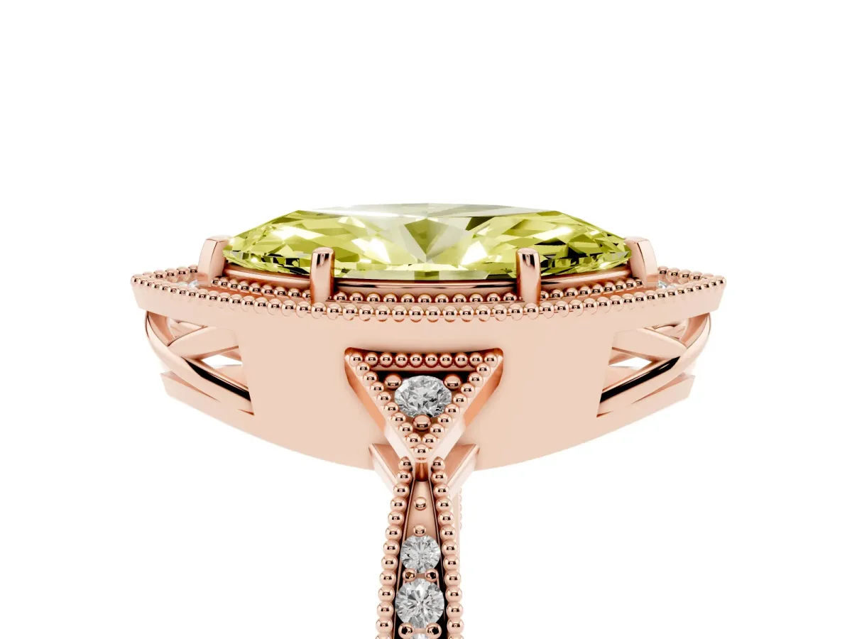 Fancy Yellow Marquise Cut Halo Round Diamond Milgrain Pave Engagement Ring Rose gold