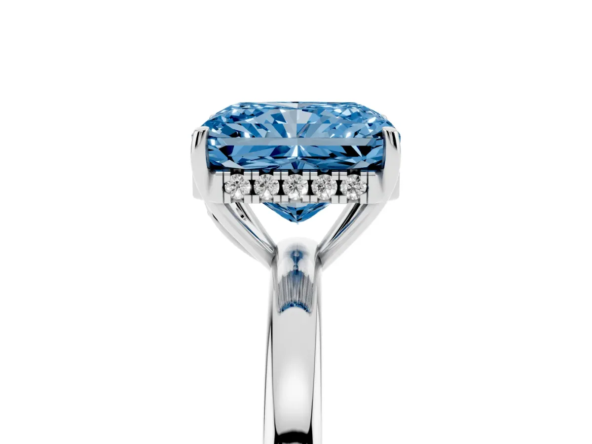 Fancy Blue Radiant Cut Solitaire Diamond Ring with Prong Setting and Plain Band Platinum