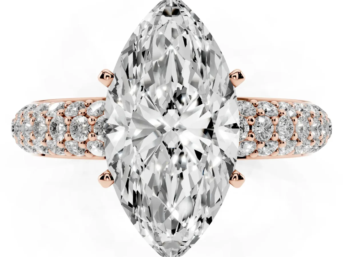 Marquise Cut Diamond Solitaire Ring with Prong Setting and Pavé Band Rose gold