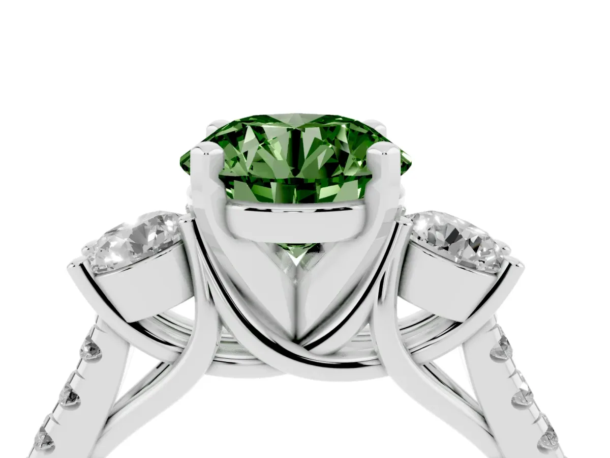 Fancy Green Three-Stone Round Cut Diamond Pavé Band with Four-Prong Setting Silver