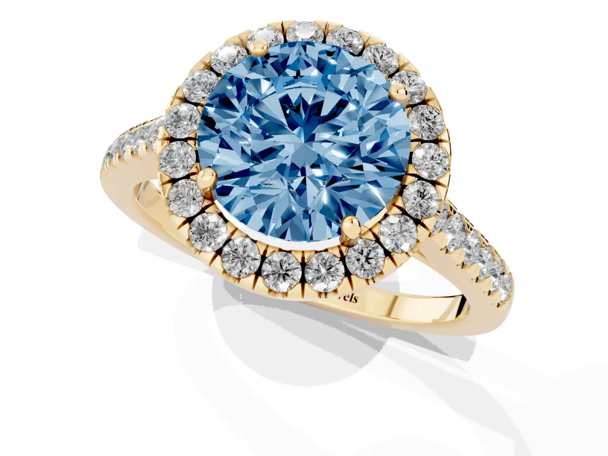 Fancy Blue Round Cut Halo Pave Diamond Engagement Ring with Four-Prong Setting Yellow gold