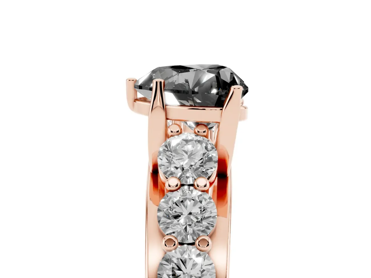 Fancy Black Heart Cut Diamond Engagement Ring with Pavé Band and Four-Prong Setting Rose gold