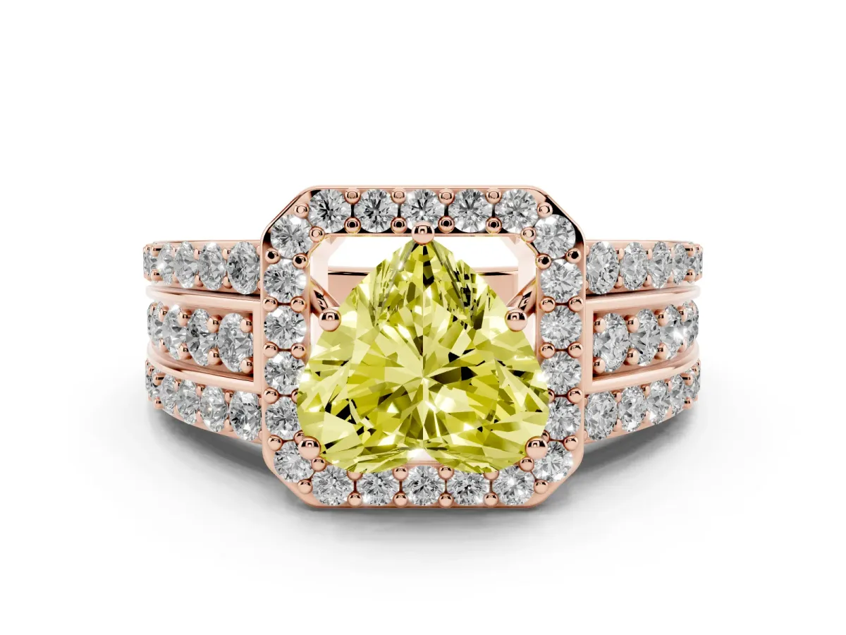 Fancy Yellow Heart Cut Halo Diamond Ring with Round Split Shank and Prong Setting Rose gold