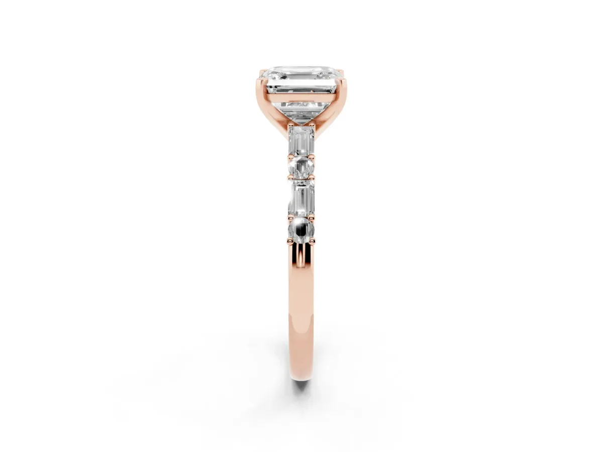 Asscher Cut Diamond Solitaire with Side Baguettes and Channel Set Band Rose gold