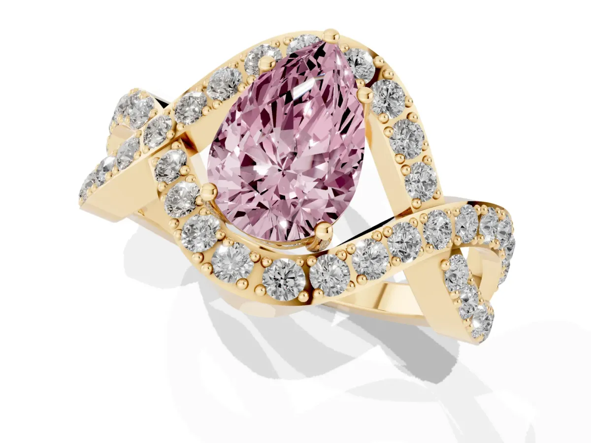 Fancy Pink Pear Cut Solitaire Twist Band Pavé Diamond Engagement Ring Yellow gold