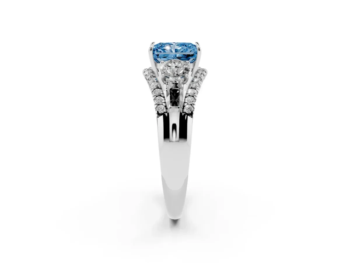 Fancy Blue Three-Stone Radiant Cut Diamond Engagement Ring with Pave Band and Prong Setting Silver