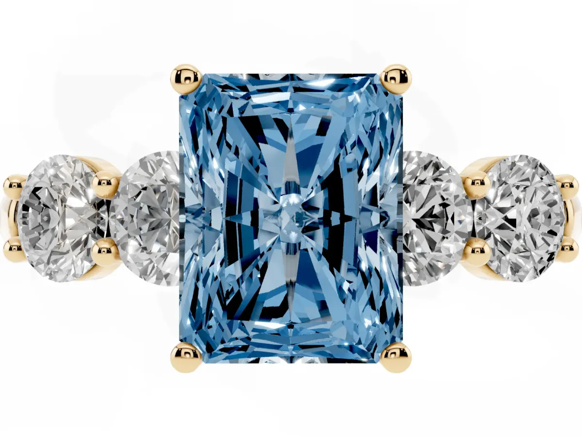 Fancy Blue Radiant Cut Cut Five-Stone Prong Set Diamond Ring with Classic Band Yellow gold
