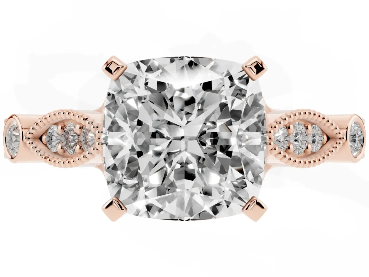 Cushion Cut Cut Diamond with Milgrain Marquise and Bezel Accents on a Solitaire Band with Prong Setting Rose gold
