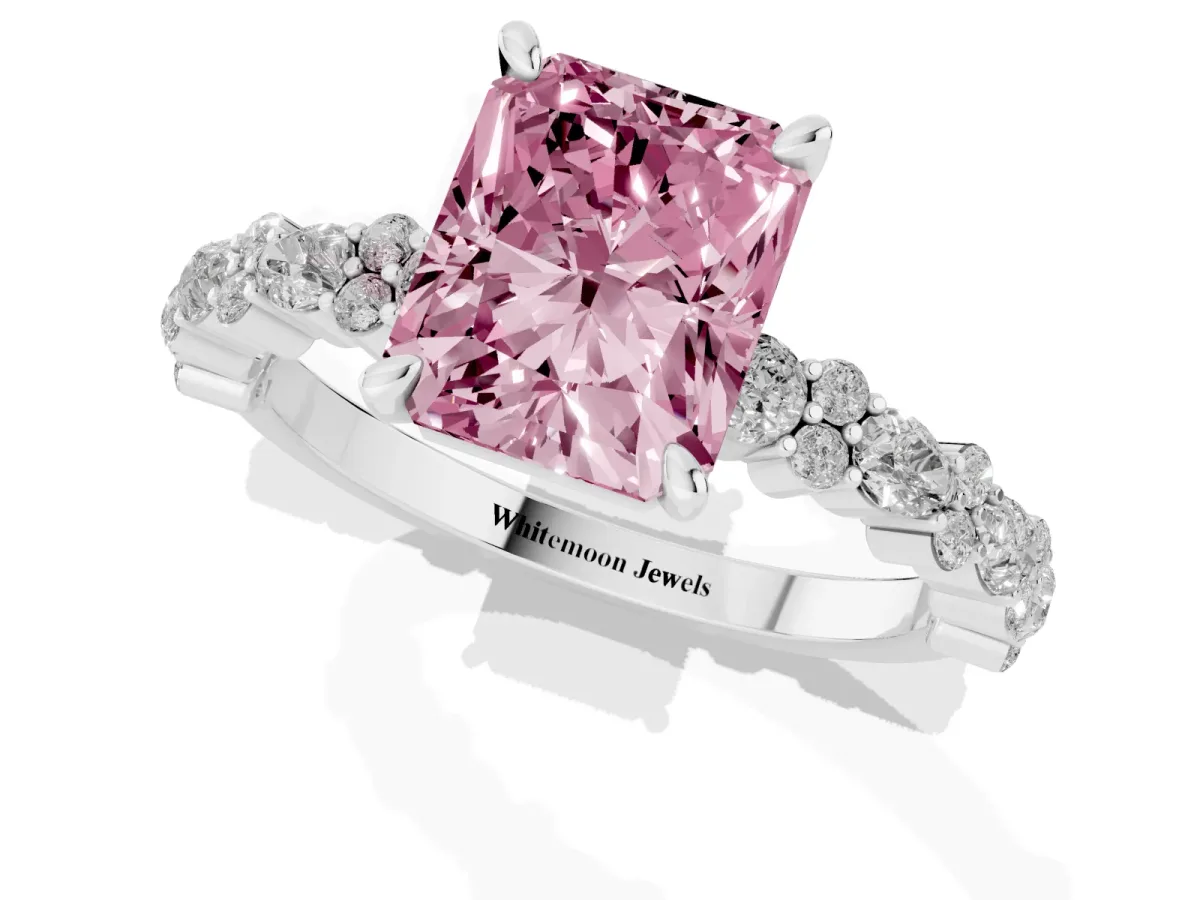 Fancy Pink Radiant Cut Diamond Side Stone Solitaire Ring with Round and Four-Prong Setting Silver