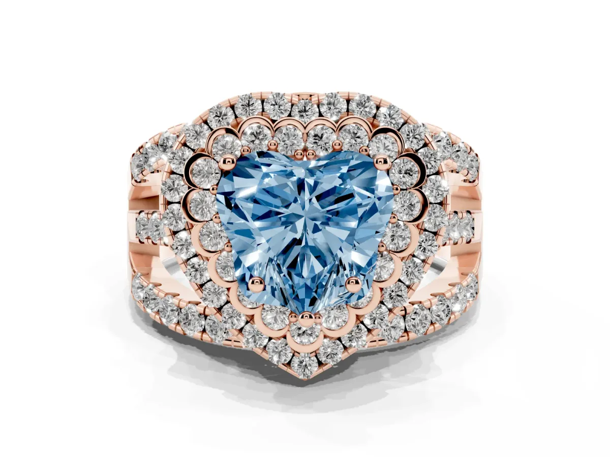 Fancy Blue Heart Cut Diamond Double Halo Ring with Round Pavé Split Shank and Prong Setting Rose gold