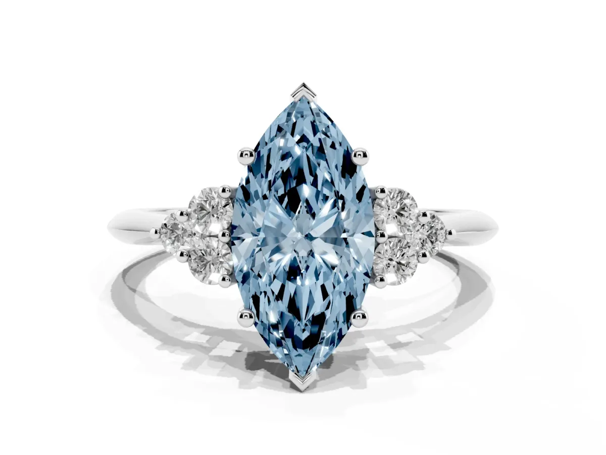 Fancy Blue Marquise Cut Cut Diamond Cluster Ring with Solitaire Band and Four-Prong Setting Silver