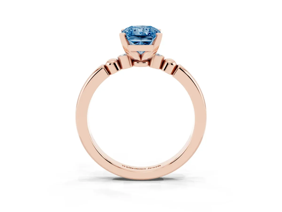 Fancy Blue Radiant Cut Solitaire Beaded Band with Four-Prong Setting Rose gold