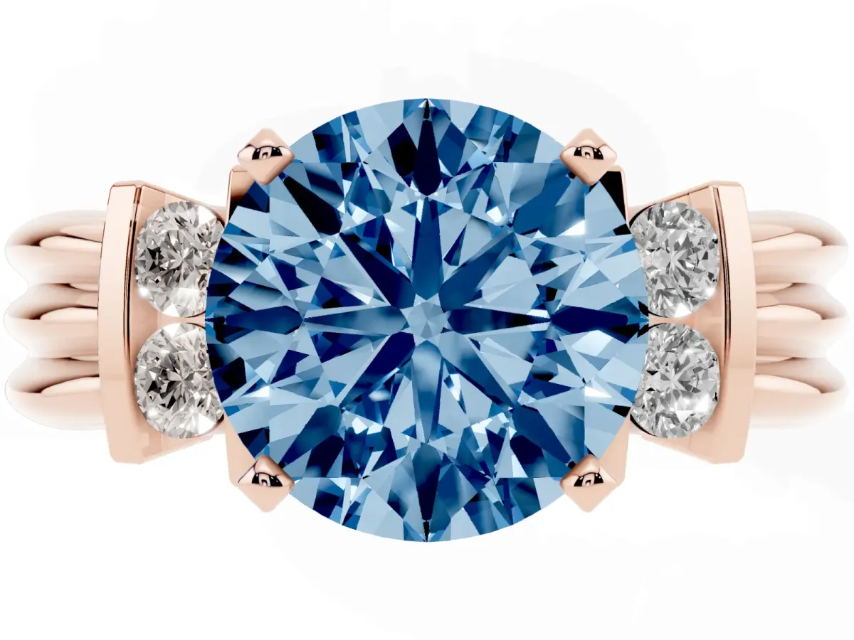 Fancy Blue Round Cut Cut Three-Stone Channel Set Ring with Bar Prongs Rose gold