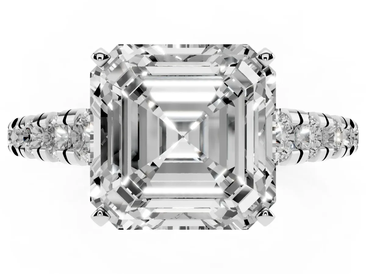 Asscher Cut Diamond Cathedral Solitaire Ring with Round Pavé Band White gold
