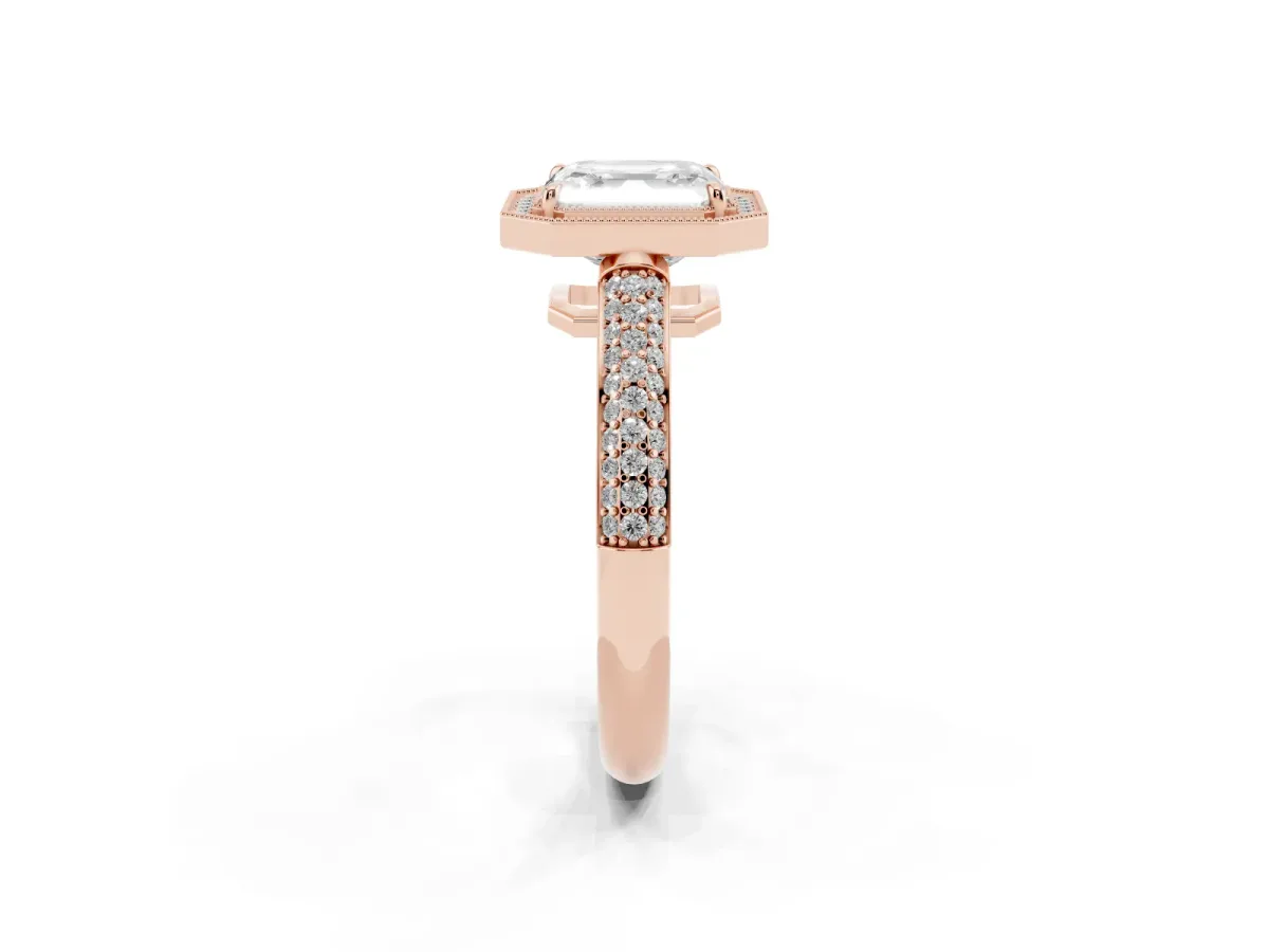 Asscher Cut Cut Halo Diamond Pave Band with Four-Prong Setting Rose gold