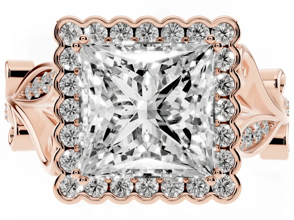 Princess Cut Diamond Halo Ring with Vintage Split Shank and Four-Prong Setting Rose gold