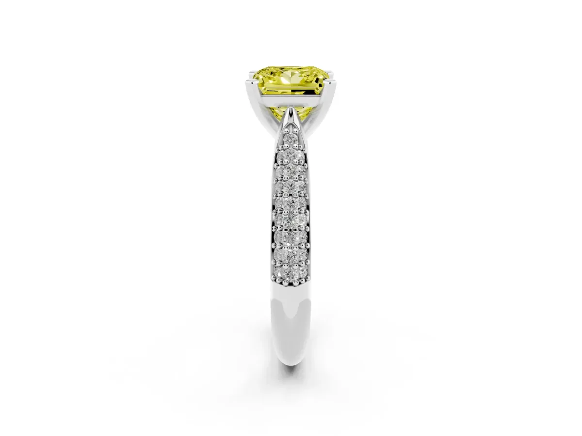 Fancy Yellow Princess Cut Diamond Solitaire Engagement Ring with Multi-Row Round Pavé Band and Prong Setting White gold