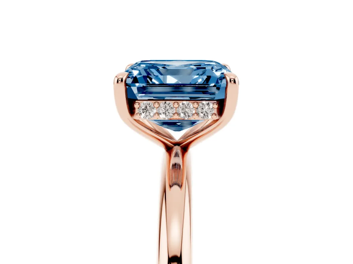 Fancy Blue Asscher Cut Diamond Solitaire Ring with Thin Band and Four-Prong Setting Rose gold