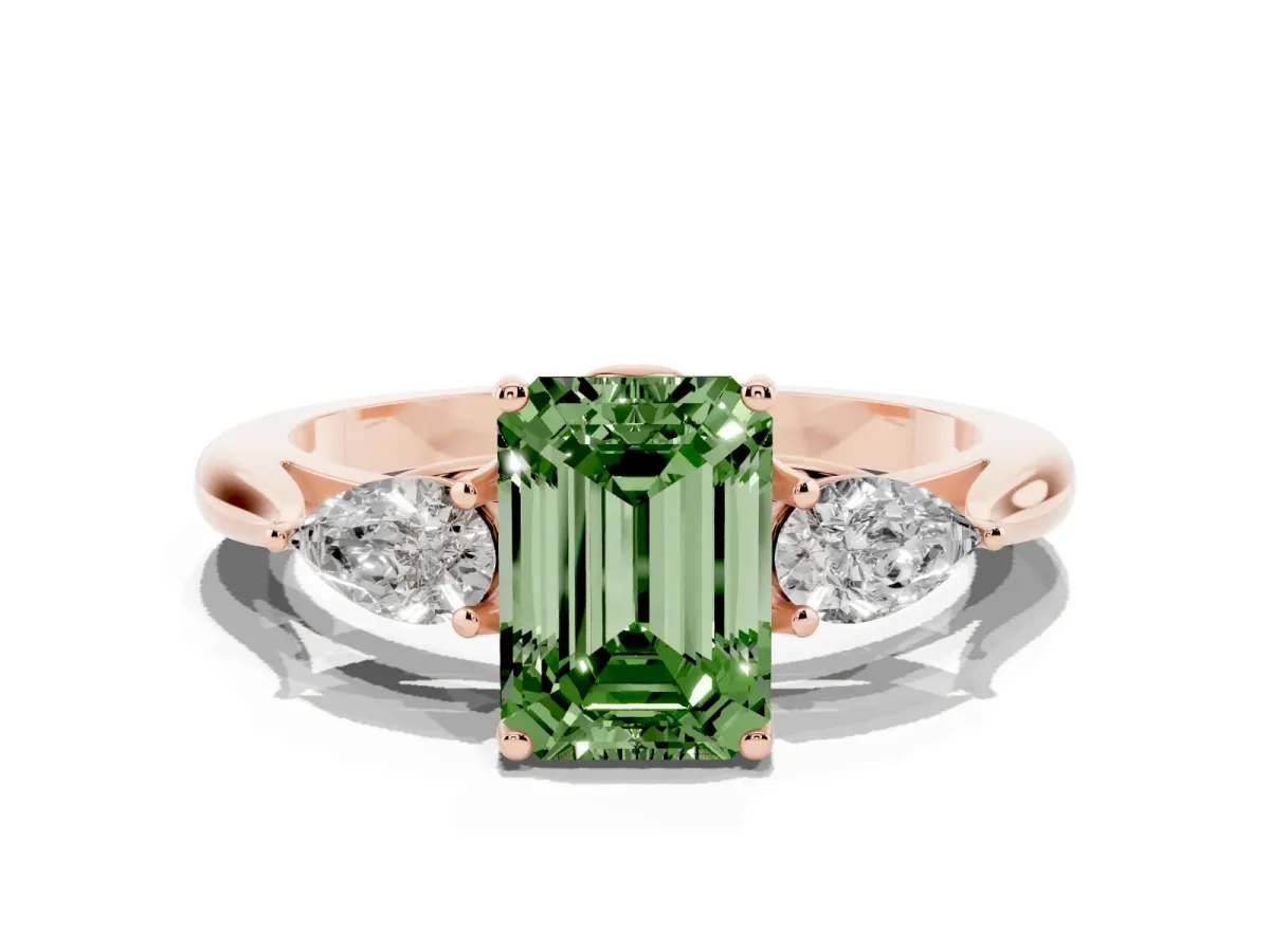 Fancy Green Three-Stone Emerald Cut Brilliant Diamond Solitaire Ring with Tapered Band and Four-Prong Setting Rose gold