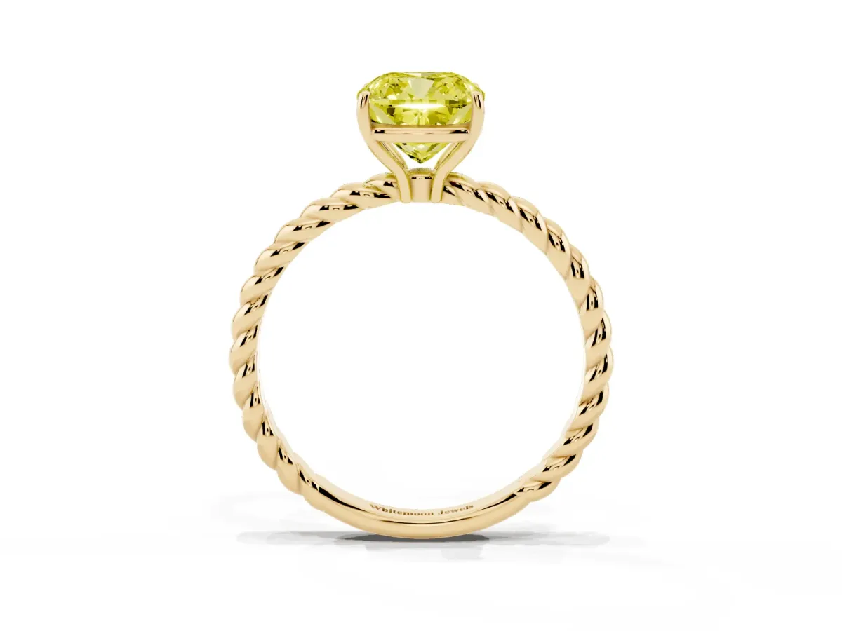Fancy Yellow Cushion Cut Solitaire Twist Band Ring with Four-Prong Setting Yellow gold