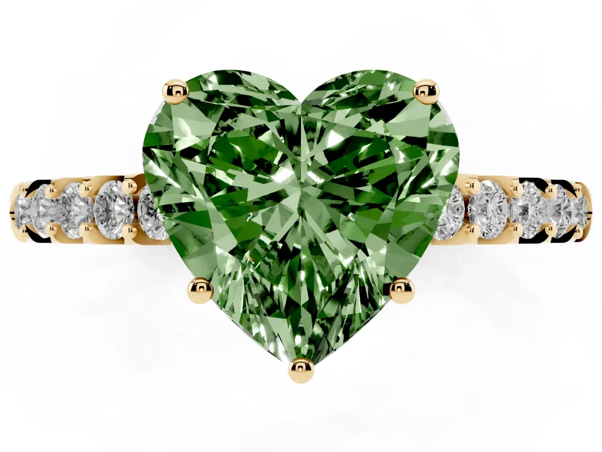 Fancy Green Heart Cut Solitaire Diamond Engagement Ring with Pavé Band and Six-Prong Setting Yellow gold