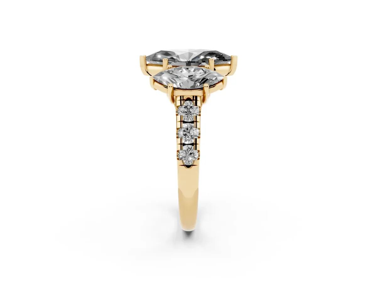 Fancy Black Three-Stone Marquise Cut Diamond Pavé Band with Prong Setting Yellow gold