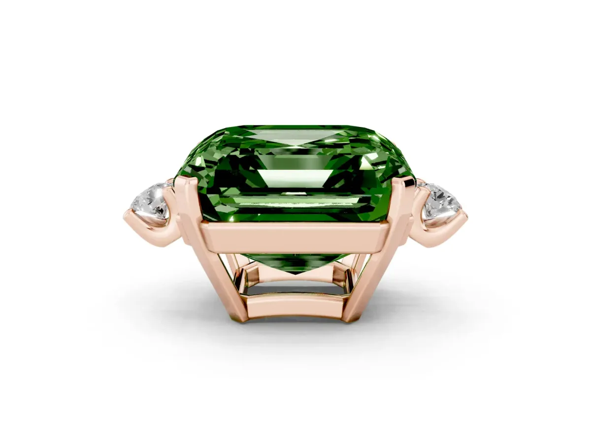 Fancy Green Asscher Cut Cut Three-Stone Solitaire Ring with Round Accent Diamonds and Four-Prong Setting Rose gold