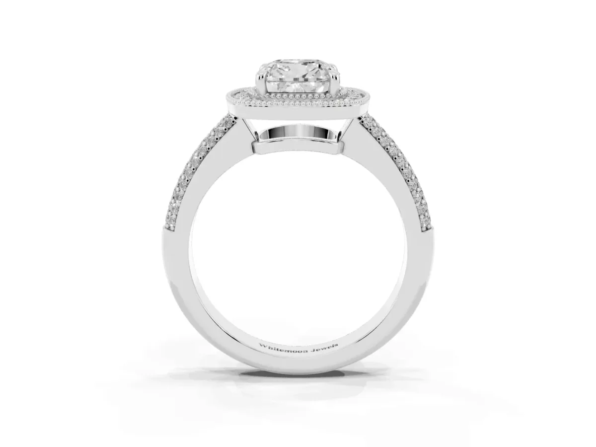 Cushion Cut Cut Halo Diamond Pave Band with Four-Prong Setting Silver