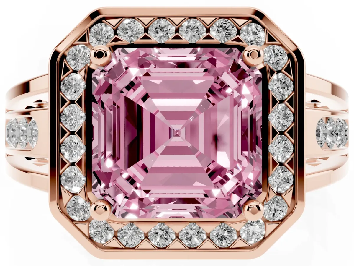 Fancy Pink Asscher Cut Diamond Halo Ring with Split Shank and Bezel Accents and Prong Setting Rose gold