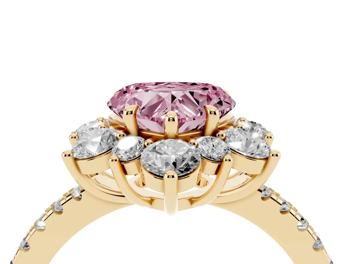 Fancy Pink Heart Cut Diamond Floral Halo Ring with Round Pavé Band and Prong Setting Yellow gold