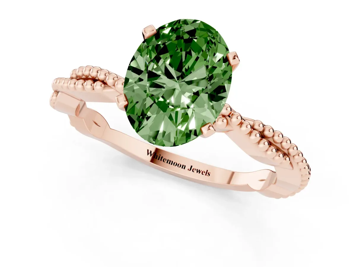Fancy Green Oval Cut Solitaire Twisted Band with Bead Prong Setting Rose gold