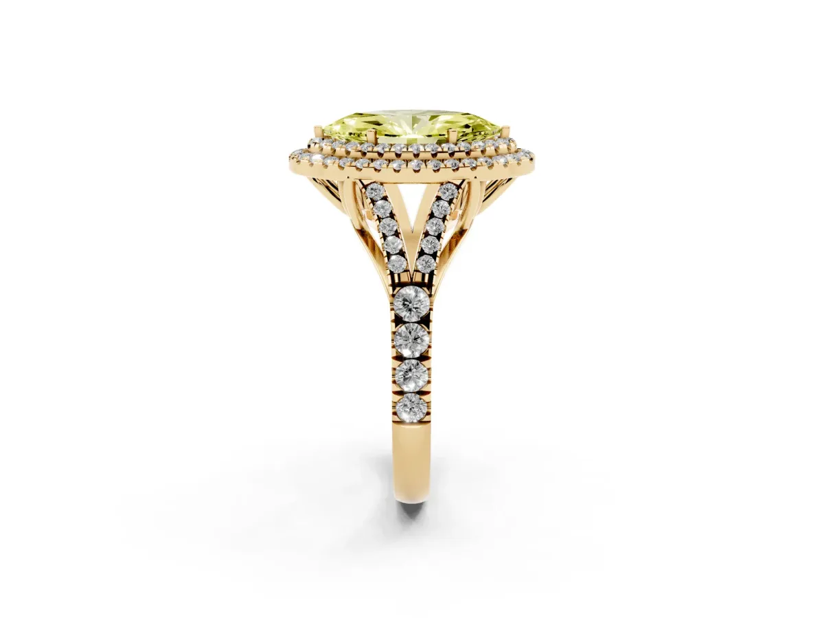 Fancy Yellow Marquise Cut Cut Double Halo Split Shank Diamond Ring with Prong Setting Yellow gold