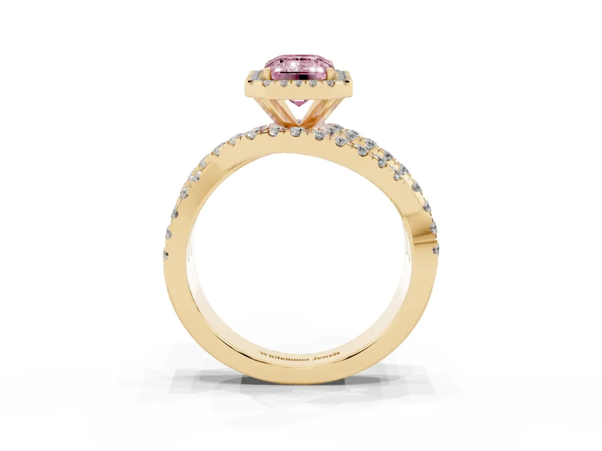 Fancy Pink Emerald Cut Diamond Halo Ring with Round Split Shank and Prong Setting Yellow gold