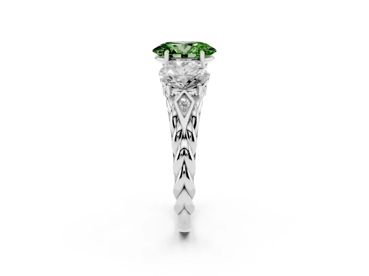 Fancy Green Three-Stone Oval Cut Diamond Braided Band Ring with Four-Prong Setting Silver