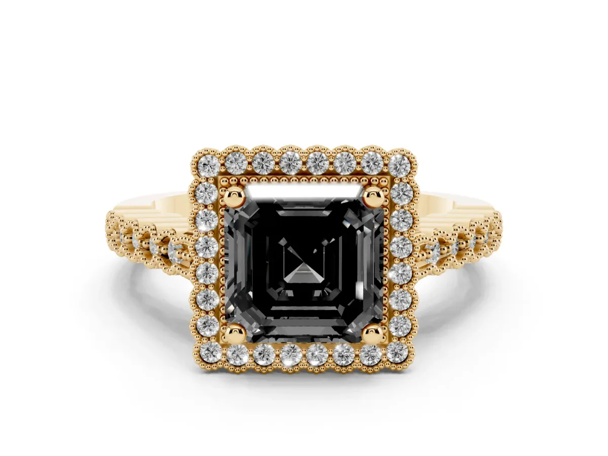 Fancy Black Asscher Cut Cut Halo Pavé Solitaire Ring with Milgrain Band Yellow gold