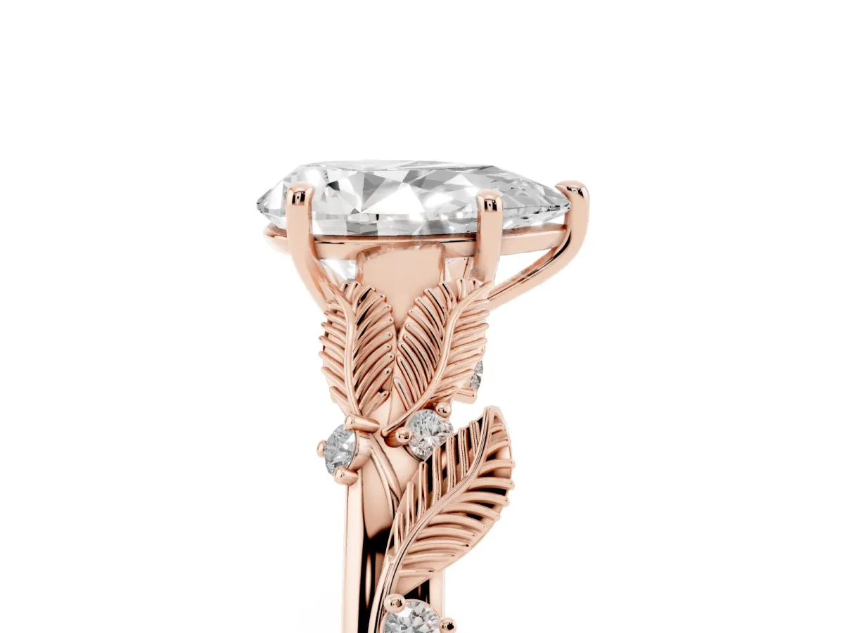 Pear Cut Diamond Solitaire Ring with Leaf Motif Band and Four-Prong Setting Rose gold