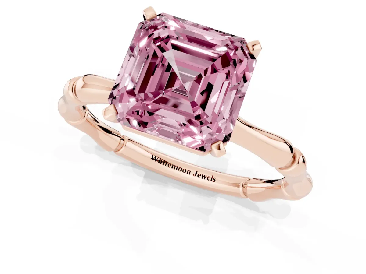 Fancy Pink Asscher Cut Solitaire Diamond Ring with Bamboo Band and Four-Prong Setting Rose gold