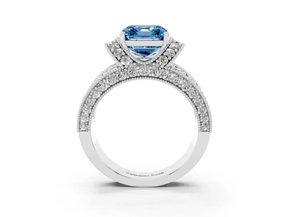 Fancy Blue Asscher Cut Halo Pave Diamond Engagement Ring with Milgrain Detailing Platinum
