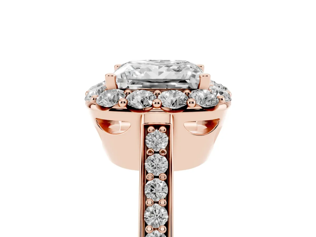 Princess Cut Diamond Floral Halo Ring with Pavé Band and Prong Setting Rose gold
